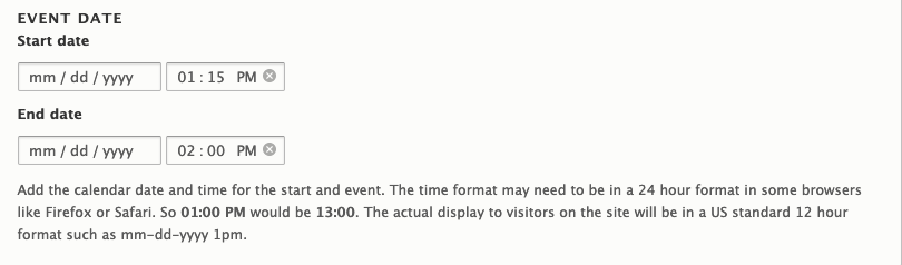 Date and Time section of Events content page