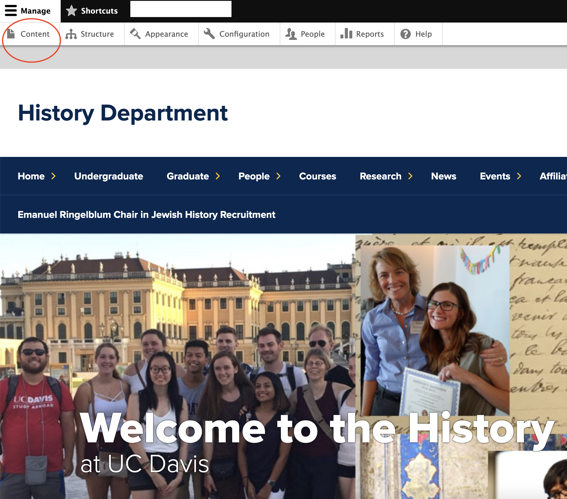 Selecting Content within department website